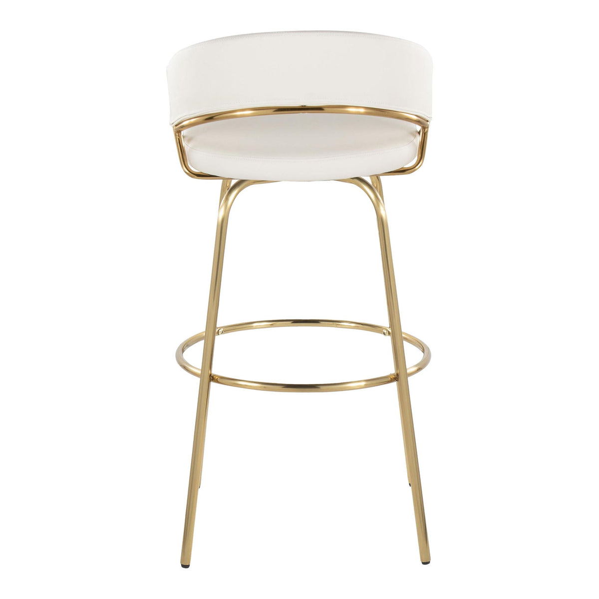 Contemporary swivel white barstool with round footrest and gold-tone frame on Tampa Home & Garden Store