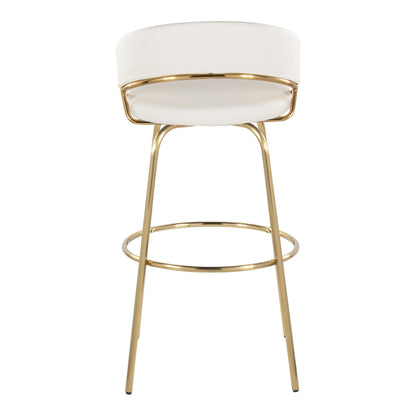 Contemporary swivel white barstool with round footrest and gold-tone frame on Tampa Home & Garden Store