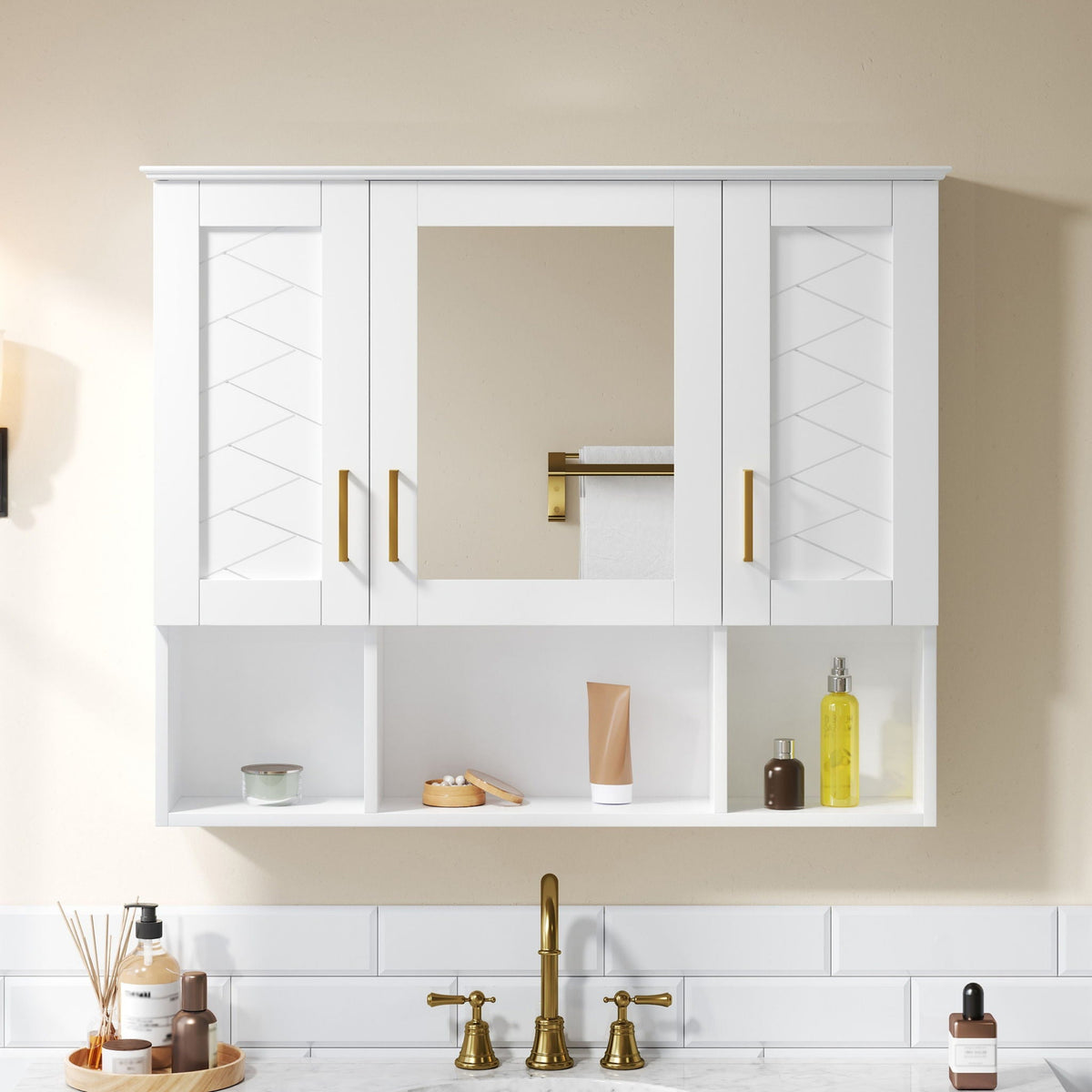 White modern wall-mounted medicine cabinet with adjustable shelves and soft-close doors on Tampa Home & Garden Store