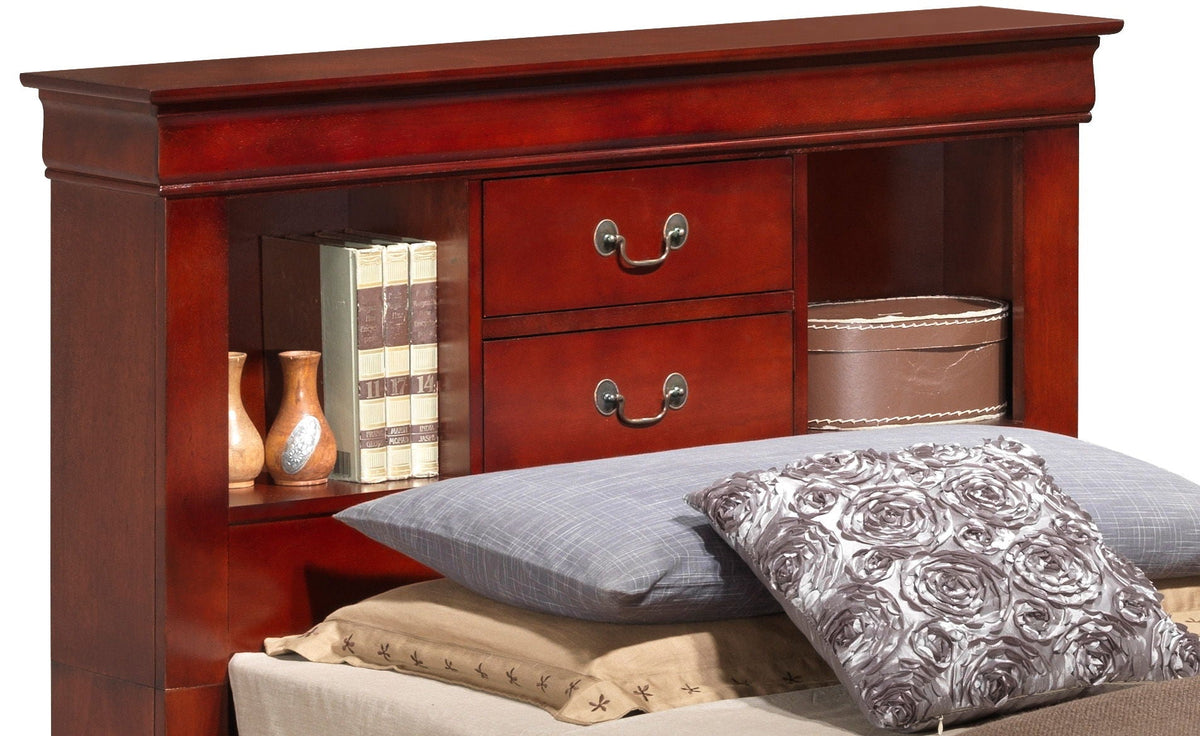 Traditional Style Bookcase Storage Bed in mahogany with side cubbies and two drawers on Tampa Home & Garden Store