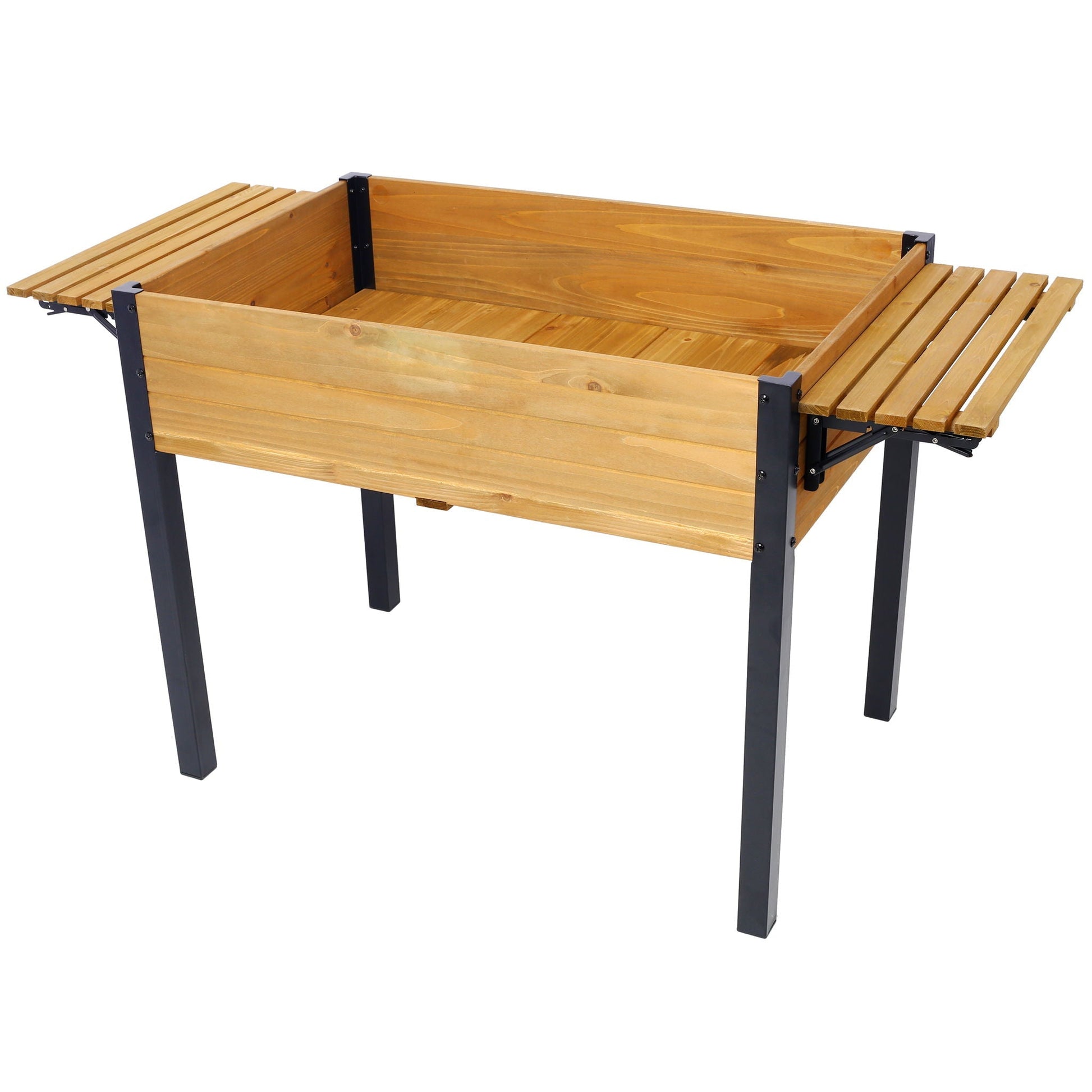 Raised garden bed planter with wood panels, black metal legs, folding shelf by HouseOfZazla on Tampa Home & Garden Store