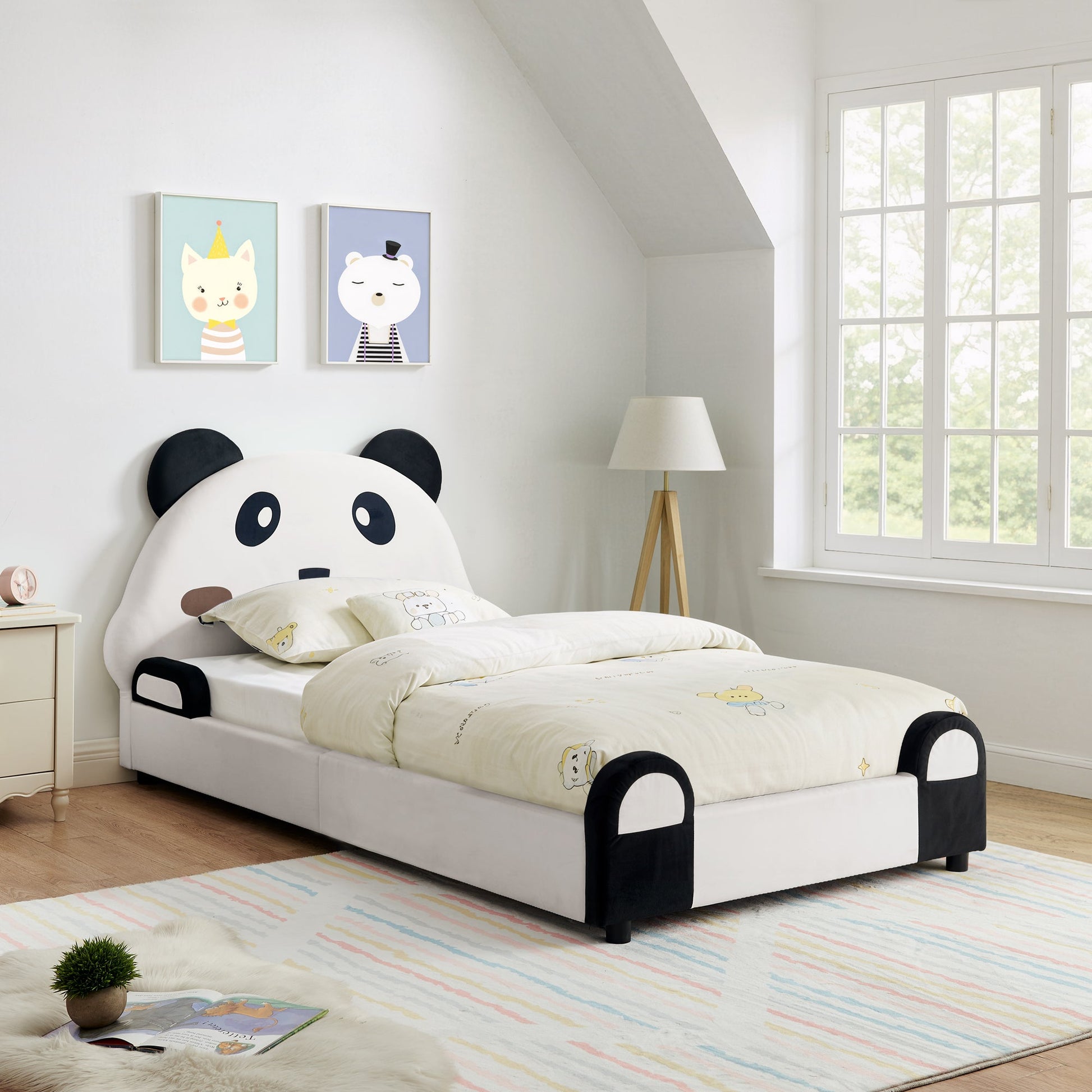 Twin-size panda-shaped kids bed in white velvet fabric with black ears by HouseOfZazla on Tampa Home & Garden Store