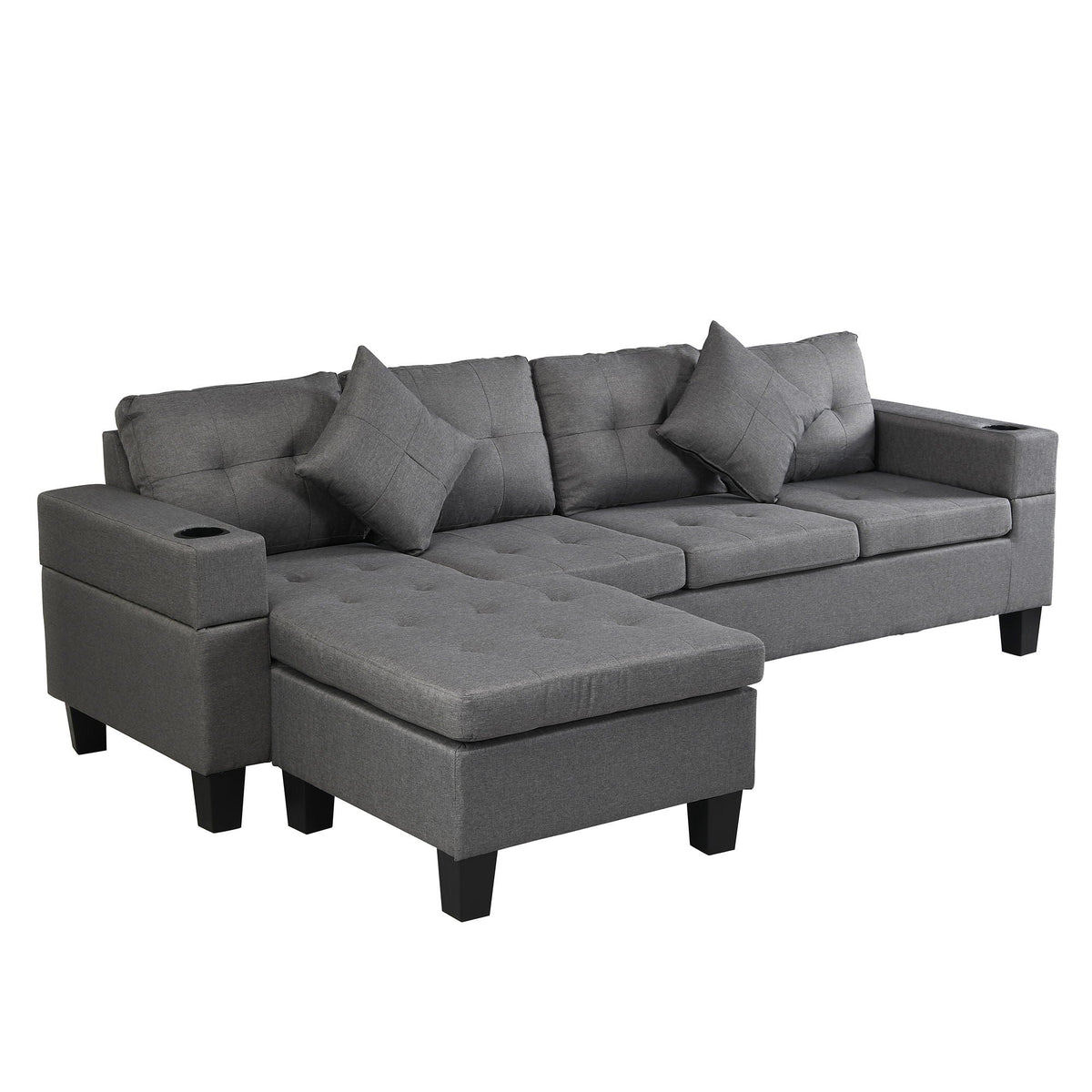 Gray stationary sectional sofa with L-shaped chaise and cup holder, 4-seat HouseOfZazla on Tampa Home & Garden Store