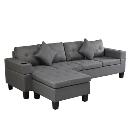 Gray stationary sectional sofa with L-shaped chaise and cup holder, 4-seat HouseOfZazla on Tampa Home & Garden Store