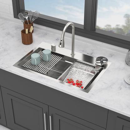 Drop-In Waterfall kitchen sink with pull-out faucet and cup washer, stainless steel rack on Tampa Home & Garden Store