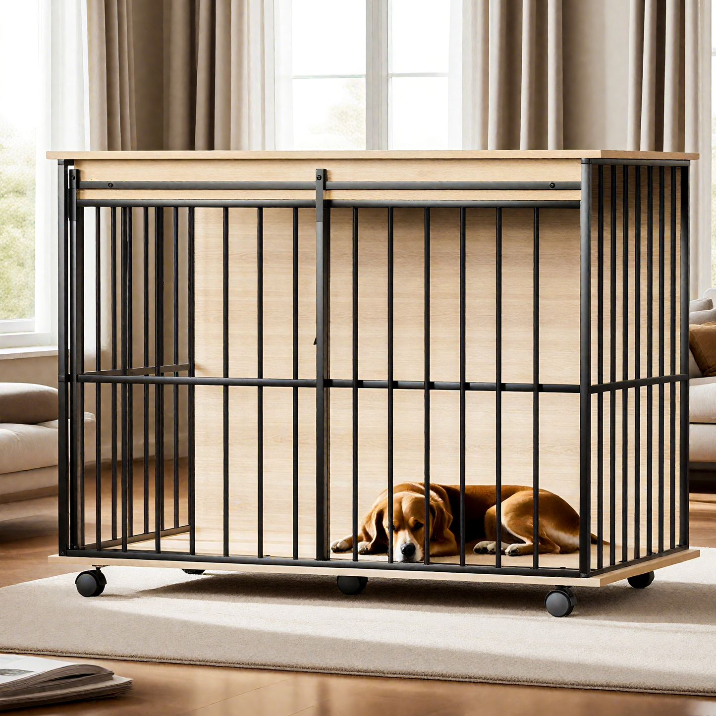 Large dog crate furniture by HouseOfZazla, black metal frame with natural wood top, dog inside on Tampa Home & Garden Store