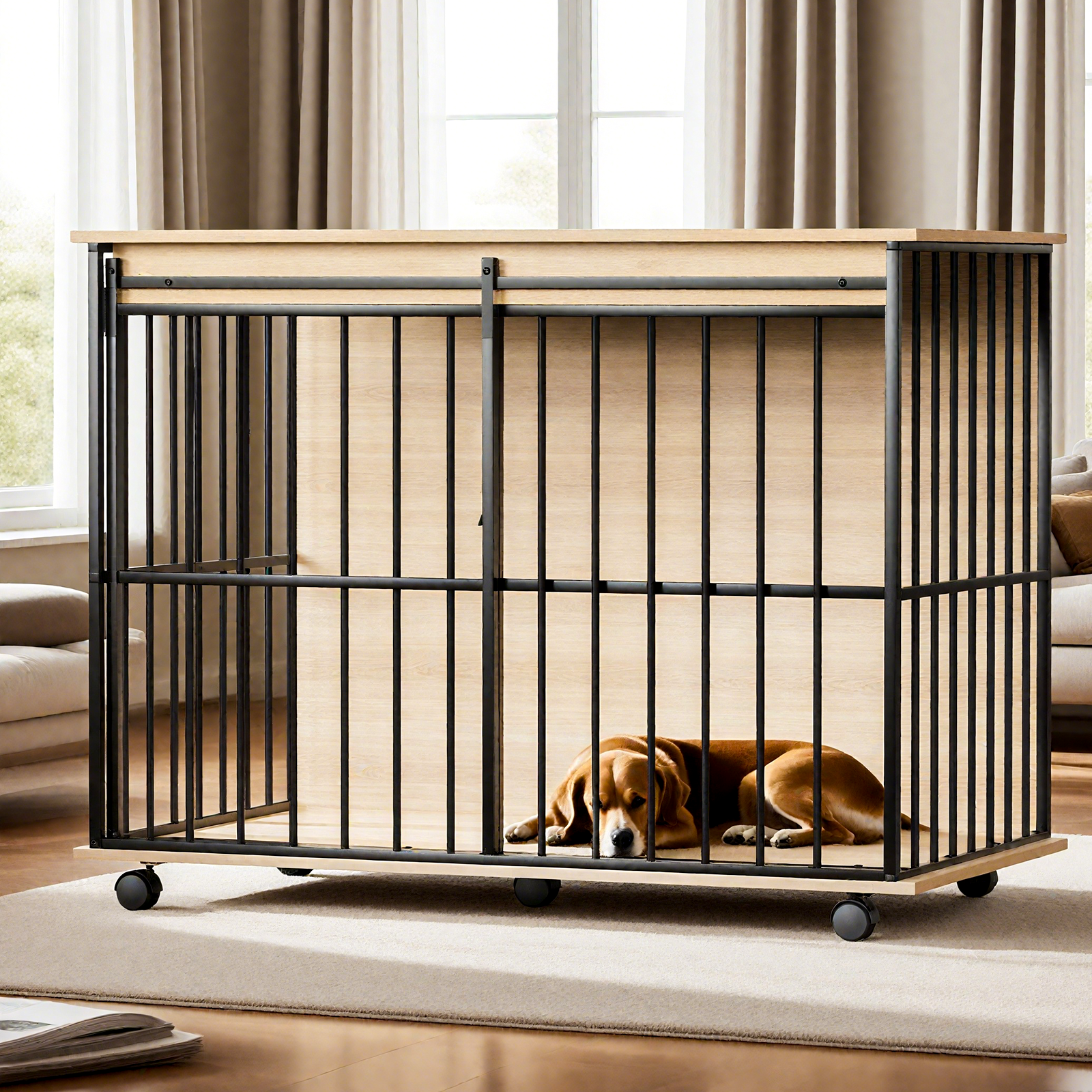 Large dog crate furniture by HouseOfZazla, black metal frame with natural wood top, dog inside on Tampa Home & Garden Store