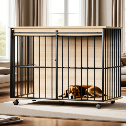 Large dog crate furniture by HouseOfZazla, black metal frame with natural wood top, dog inside on Tampa Home & Garden Store