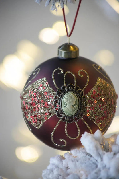 Decorative hanging ball Christmas ornament set of 6 burgundy with gold filigree and cameo on Tampa Home & Garden Store