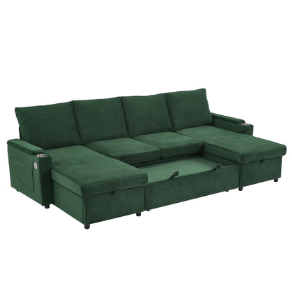 U-Shaped Sleeper Sofa with storage chaise, USB ports and cupholders in green fabric HouseOfZazla on Tampa Home & Garden Store