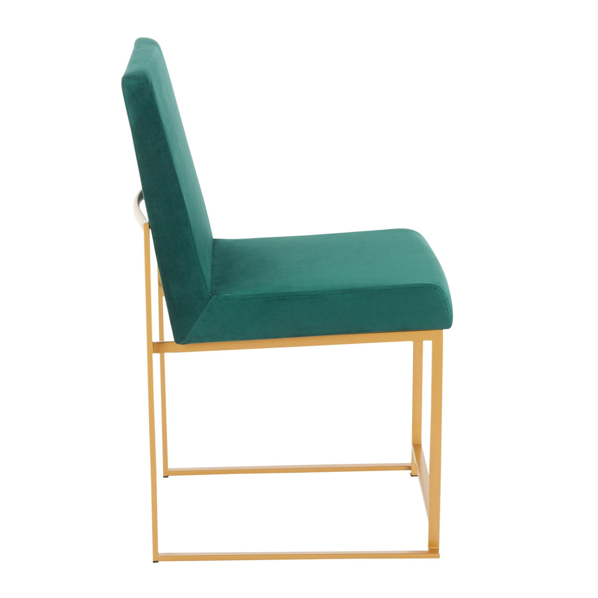 Contemporary high back dining chair set with upholstered green seat and gold metal legs on Tampa Home & Garden Store