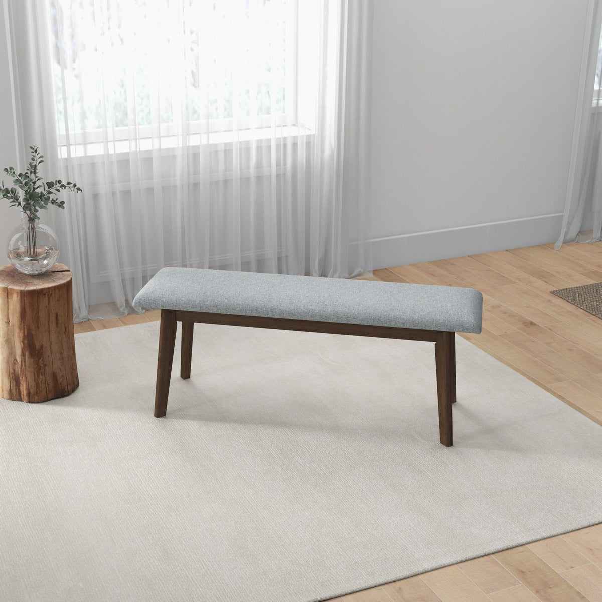Carlos Upholstered Bench with gray high-density foam cushion and dark wood legs on Tampa Home & Garden Store