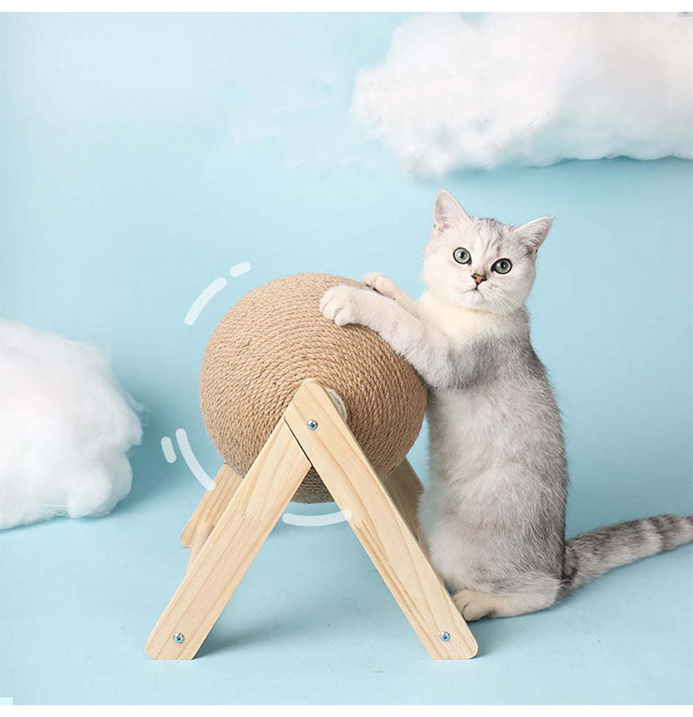 Vertical cat toy with sisal ball on a wooden A-frame stand; playful cat on Tampa Home & Garden Store