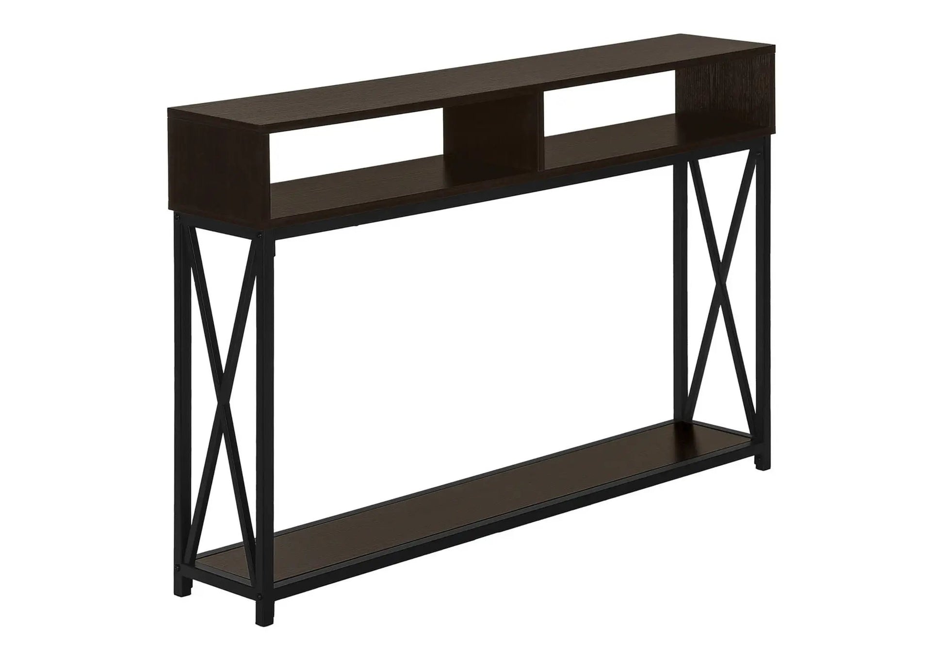 Accent Console Table For Entryway with dark brown top and black metal X-frame legs on Tampa Home & Garden Store