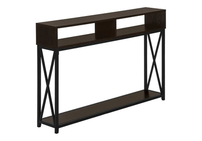 Accent Console Table For Entryway with dark brown top and black metal X-frame legs on Tampa Home & Garden Store