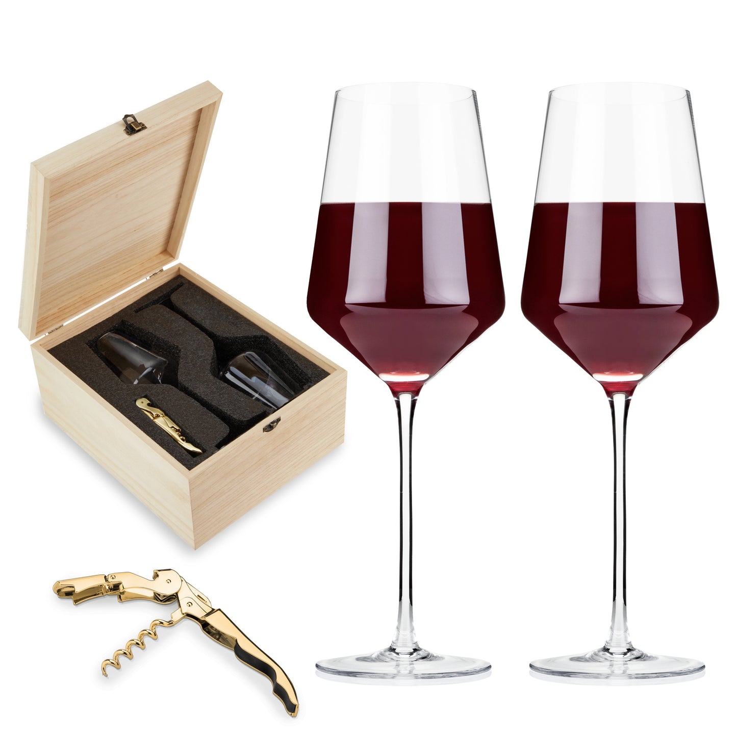 Crystal Wine Glasses and Gold Corkscrew Gift Set
