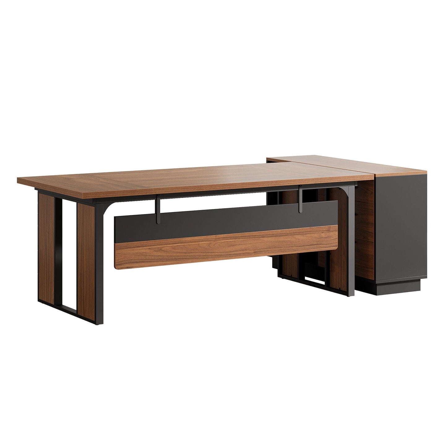 HouseOfZazla L-shaped desk with brown wood top and black metal frame, file cabinet and shelves on Tampa Home & Garden Store