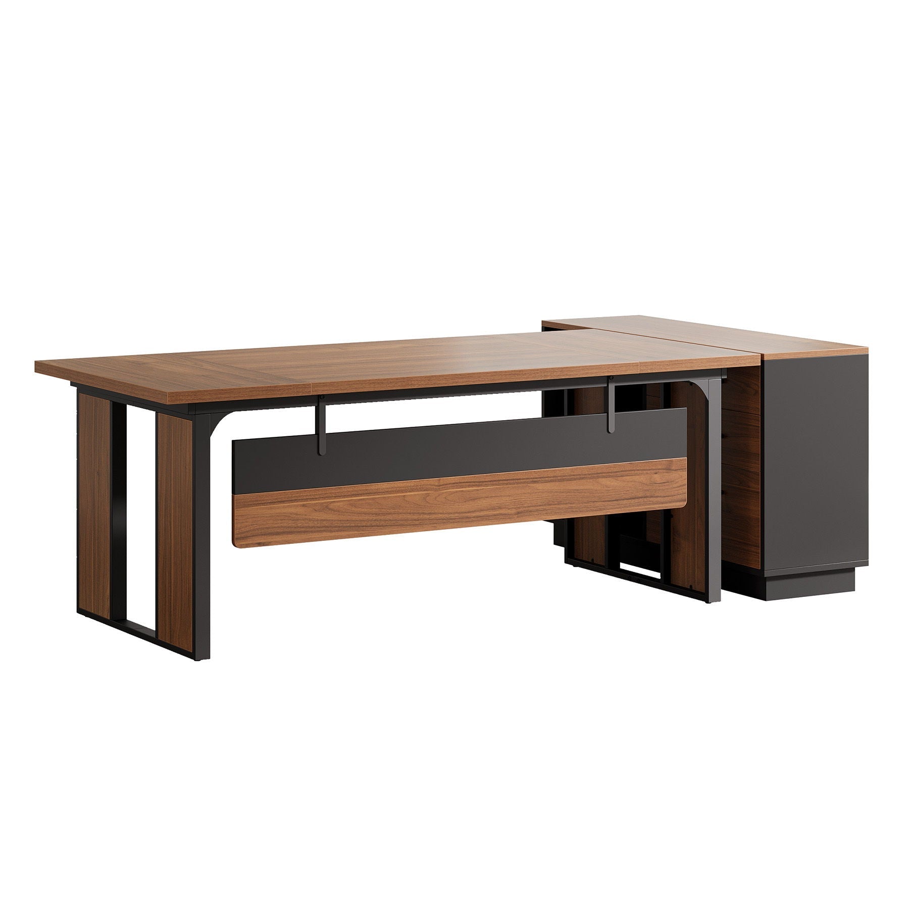 HouseOfZazla L-shaped desk with brown wood top and black metal frame, file cabinet and shelves on Tampa Home & Garden Store