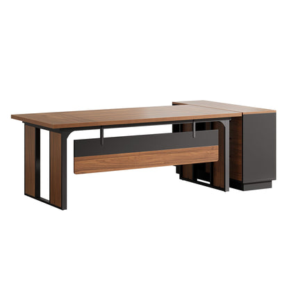 HouseOfZazla L-shaped desk with brown wood top and black metal frame, file cabinet and shelves on Tampa Home & Garden Store
