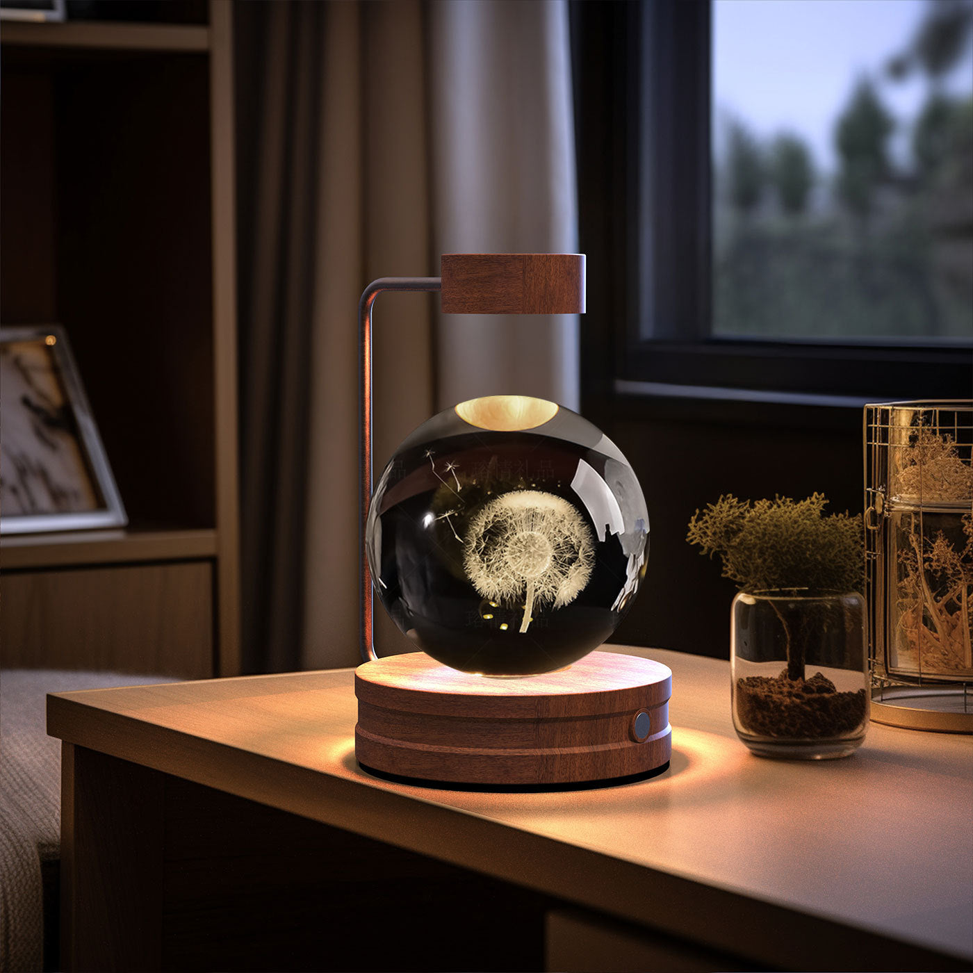 Crystal ball night light with wooden base and copper arm, dandelion interior on Tampa Home & Garden Store