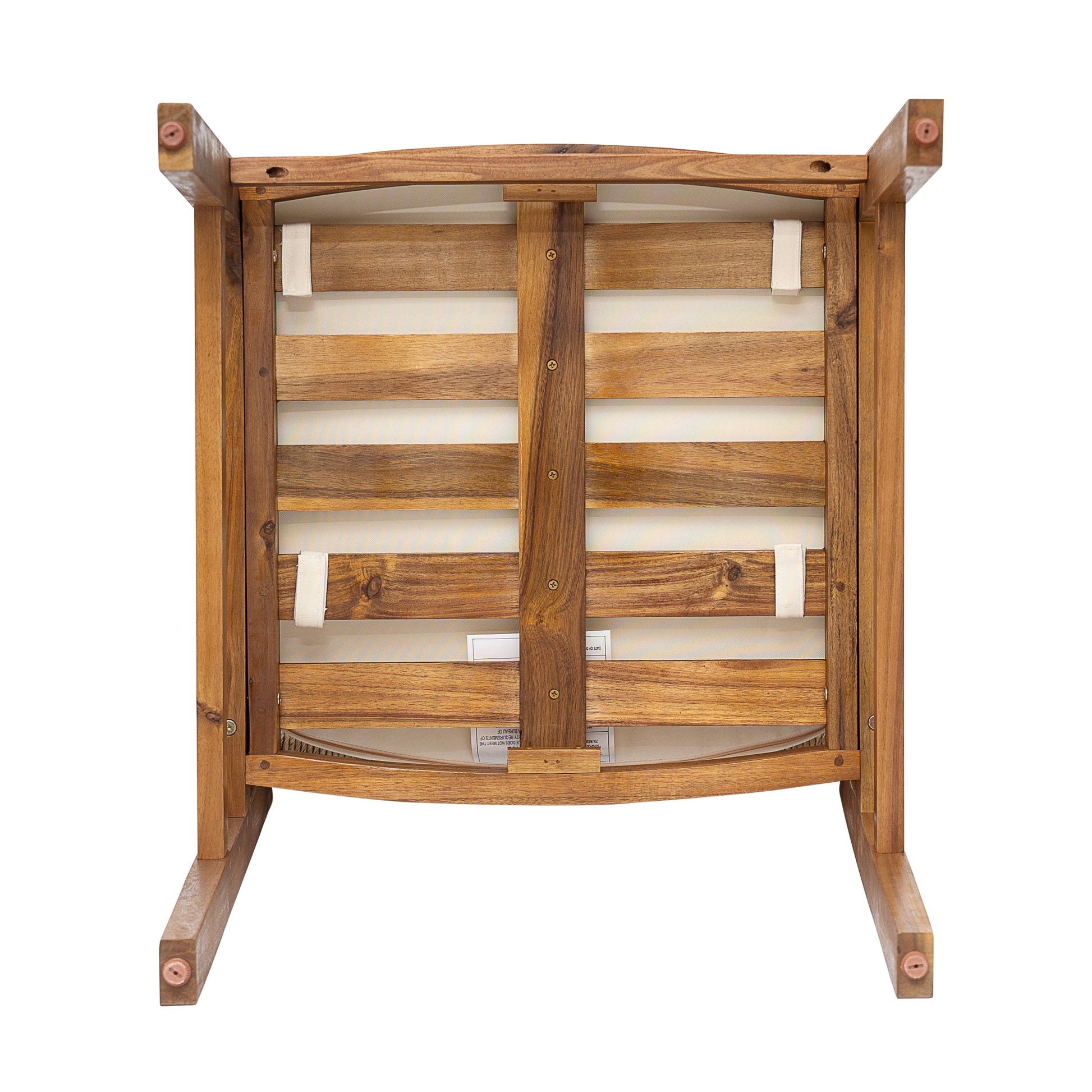 Outdoor acacia wood dining chair frame with slatted back fabric straps teak finish on Tampa Home & Garden Store