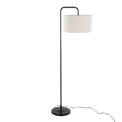Puck contemporary floor lamp with curved black metal stem and beige fabric drum shade on Tampa Home & Garden Store