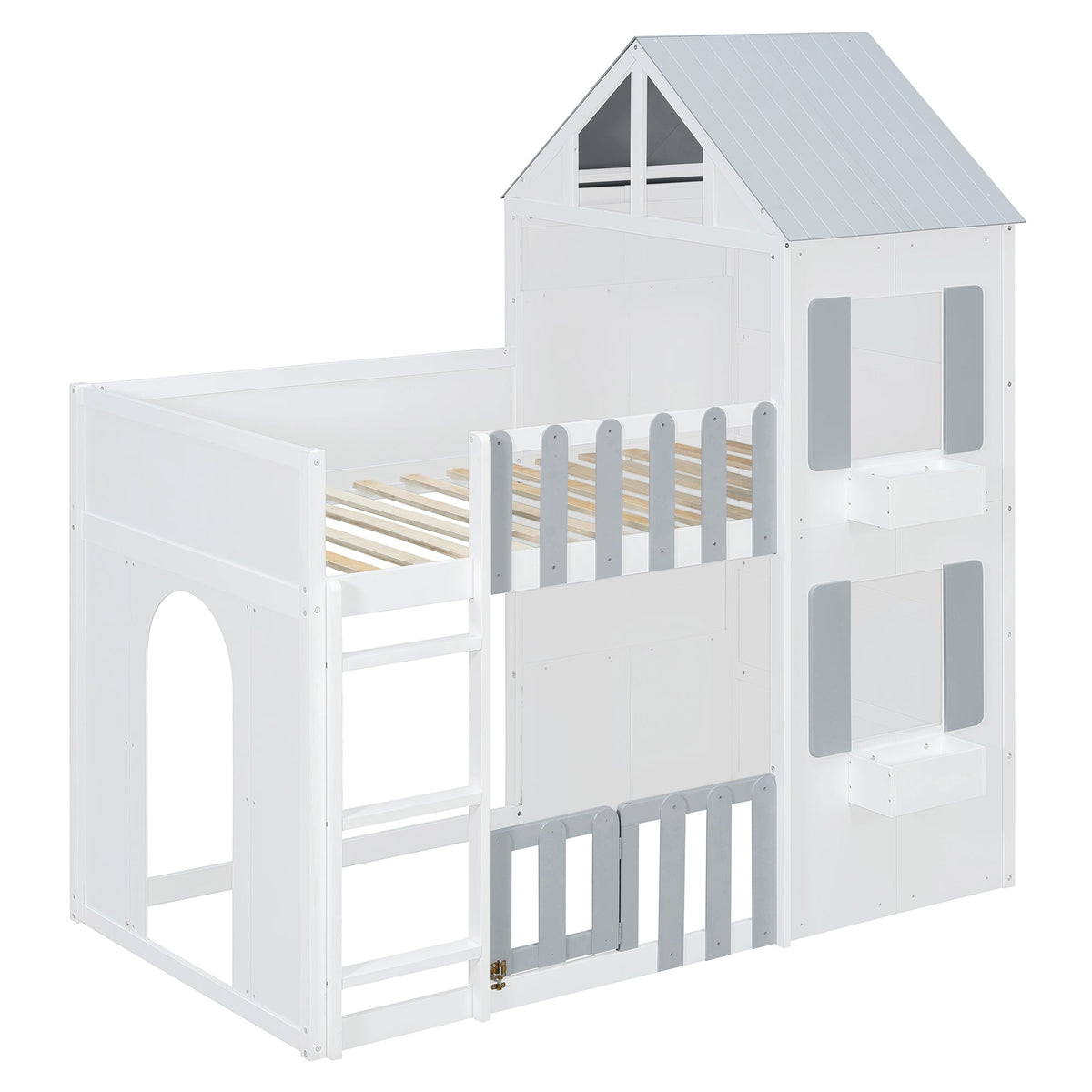 Twin over twin house bunk bed in white with grey roof, safety rails, and ladder by HouseOfZazla on Tampa Home & Garden Store