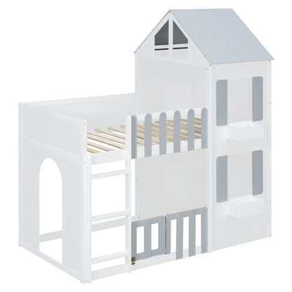 Twin over twin house bunk bed in white with grey roof, safety rails, and ladder by HouseOfZazla on Tampa Home & Garden Store