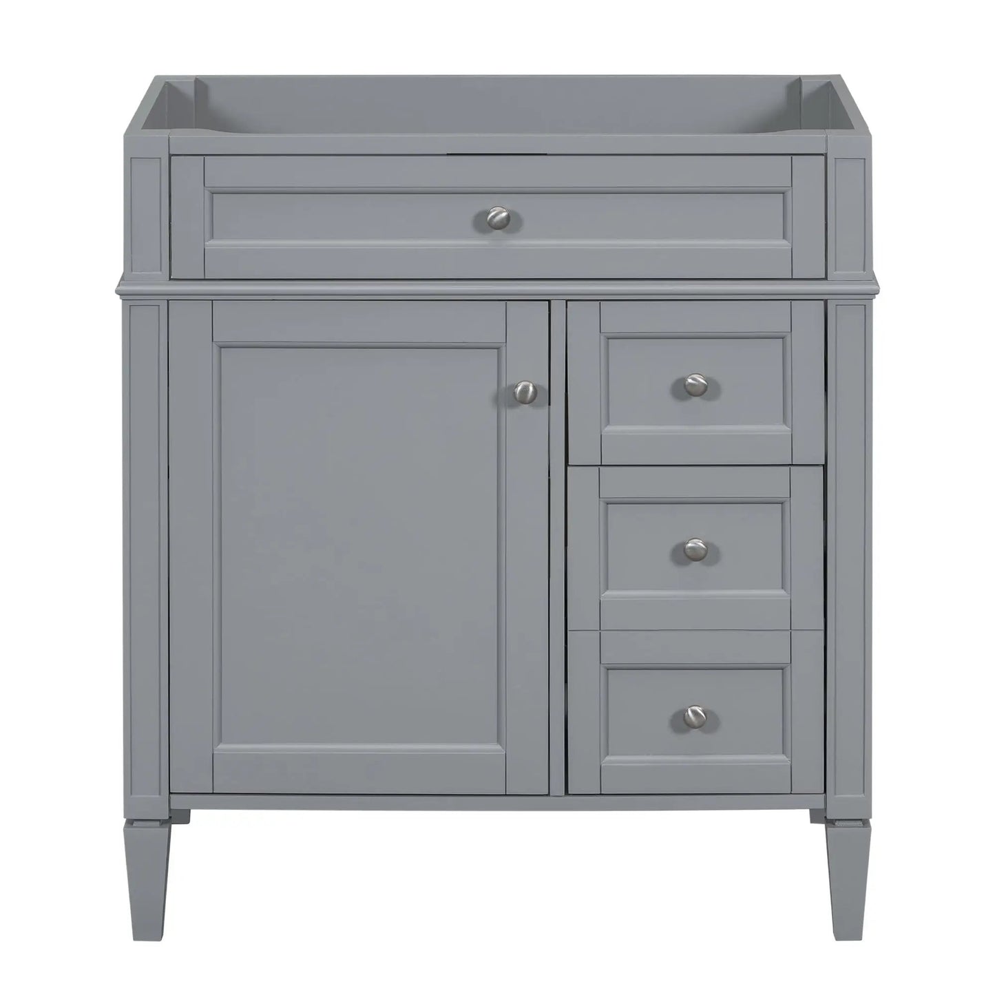 Bathroom vanity base gray with two drawers and a tip-out drawer, framed panels and metal knobs on Tampa Home & Garden Store