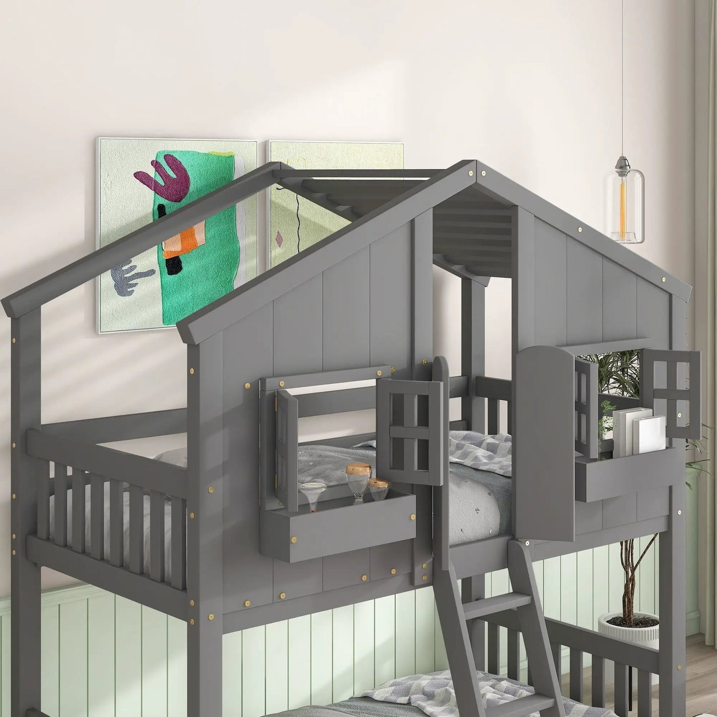 House bunk bed with roof, window box, window, door and ladder in gray by Unique Piece Furniture on Tampa Home & Garden Store
