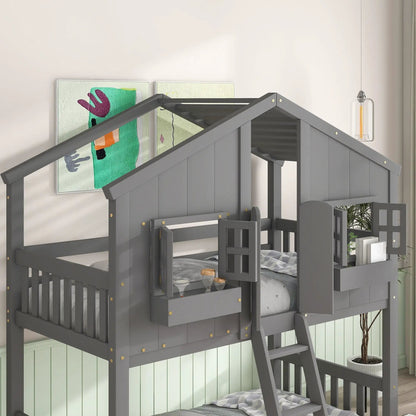 House bunk bed with roof, window box, window, door and ladder in gray by Unique Piece Furniture on Tampa Home & Garden Store