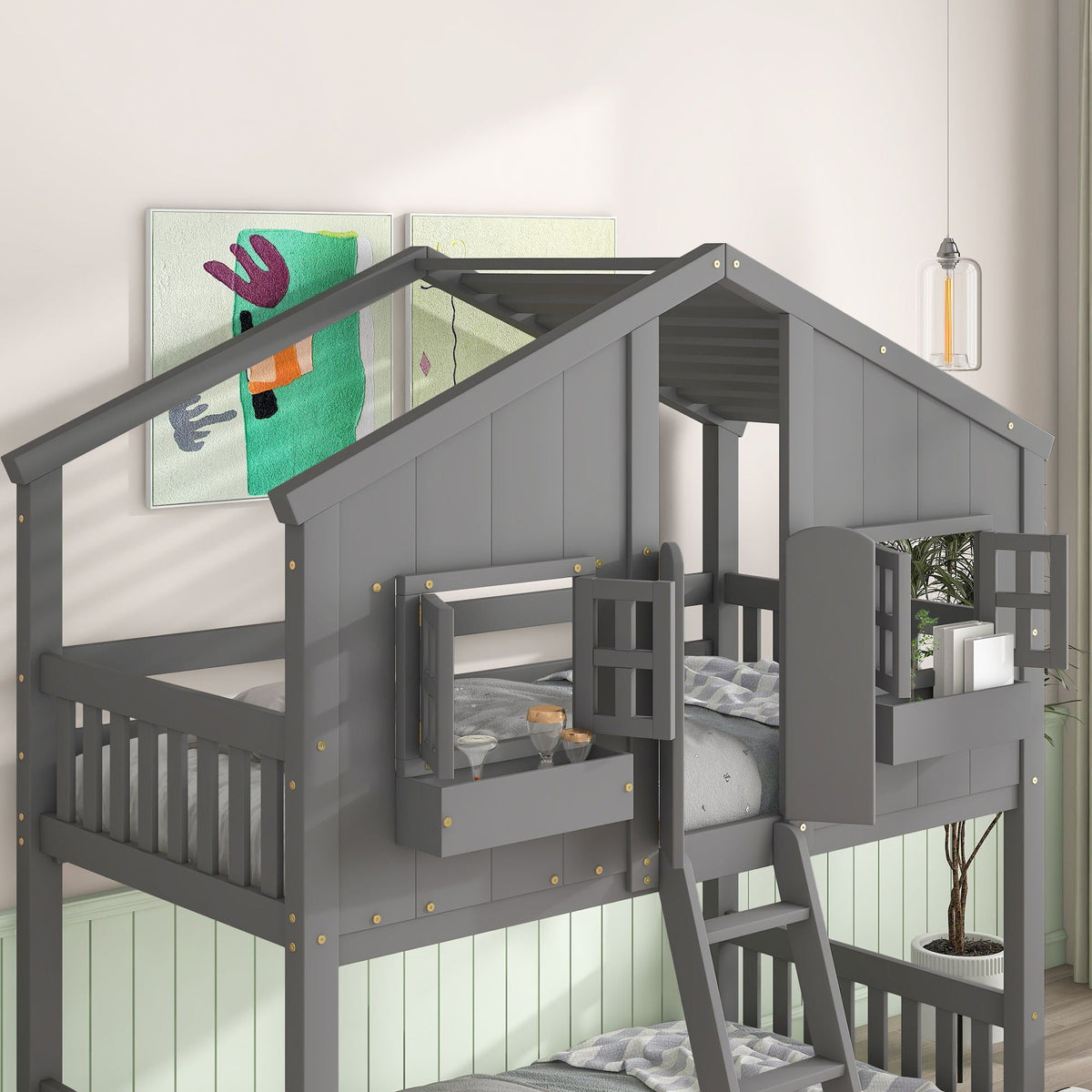 House bunk bed HouseOfZazla roof, window, window box, door, guardrails and ladder gray on Tampa Home & Garden Store