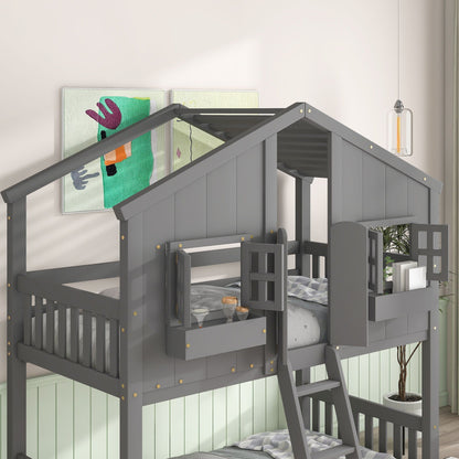 House bunk bed HouseOfZazla roof, window, window box, door, guardrails and ladder gray on Tampa Home & Garden Store