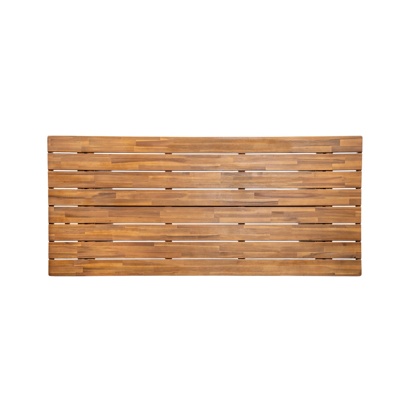 Outdoor acacia wood dining bench with slatted backrest in natural brown finish on Tampa Home & Garden Store