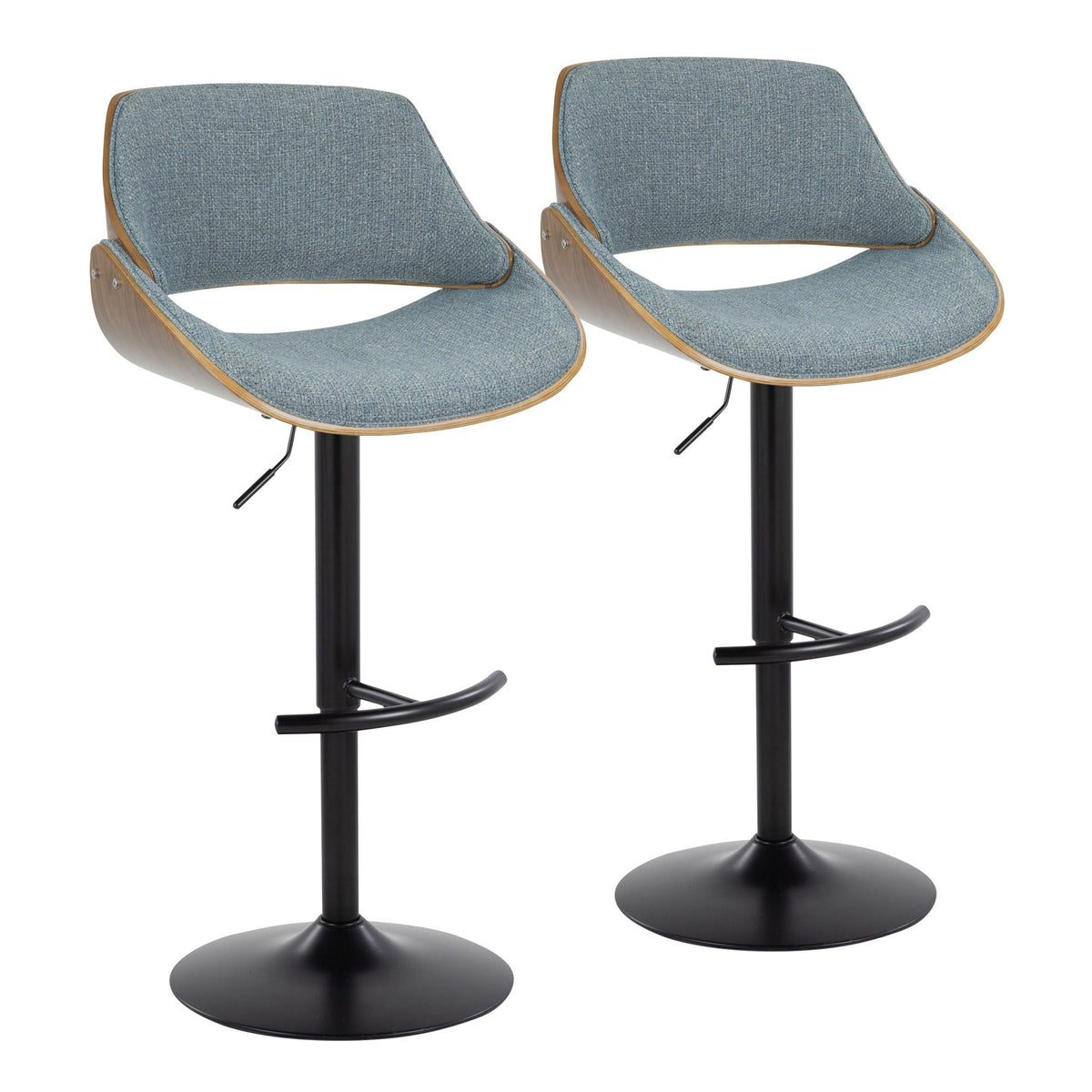 Pair of Mid-Century Modern adjustable bar stools with rounded T-footrests blue fabric upholstery on Tampa Home & Garden Store