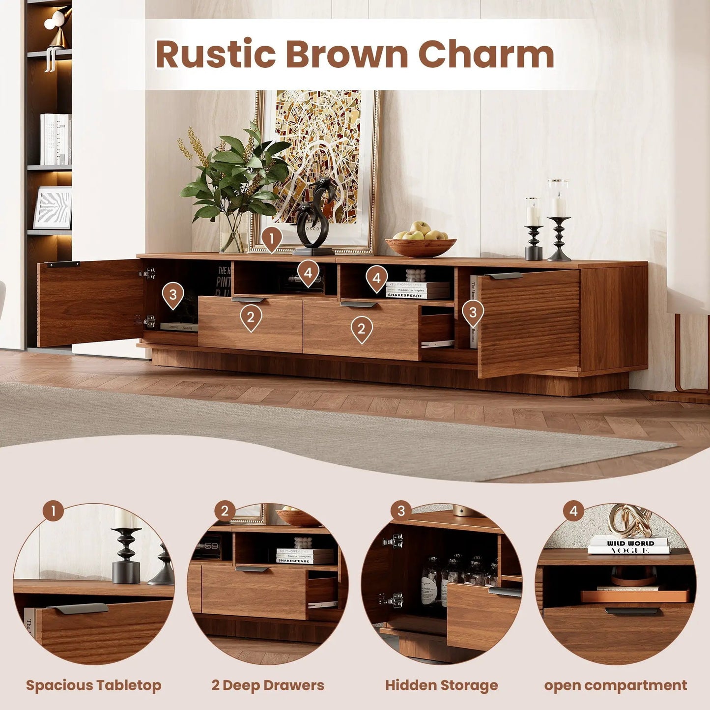 TV Stand Rustic Brown Charm by Unique Piece; 2 deep drawers, cable mgmt, soft-close hinges on Tampa Home & Garden Store