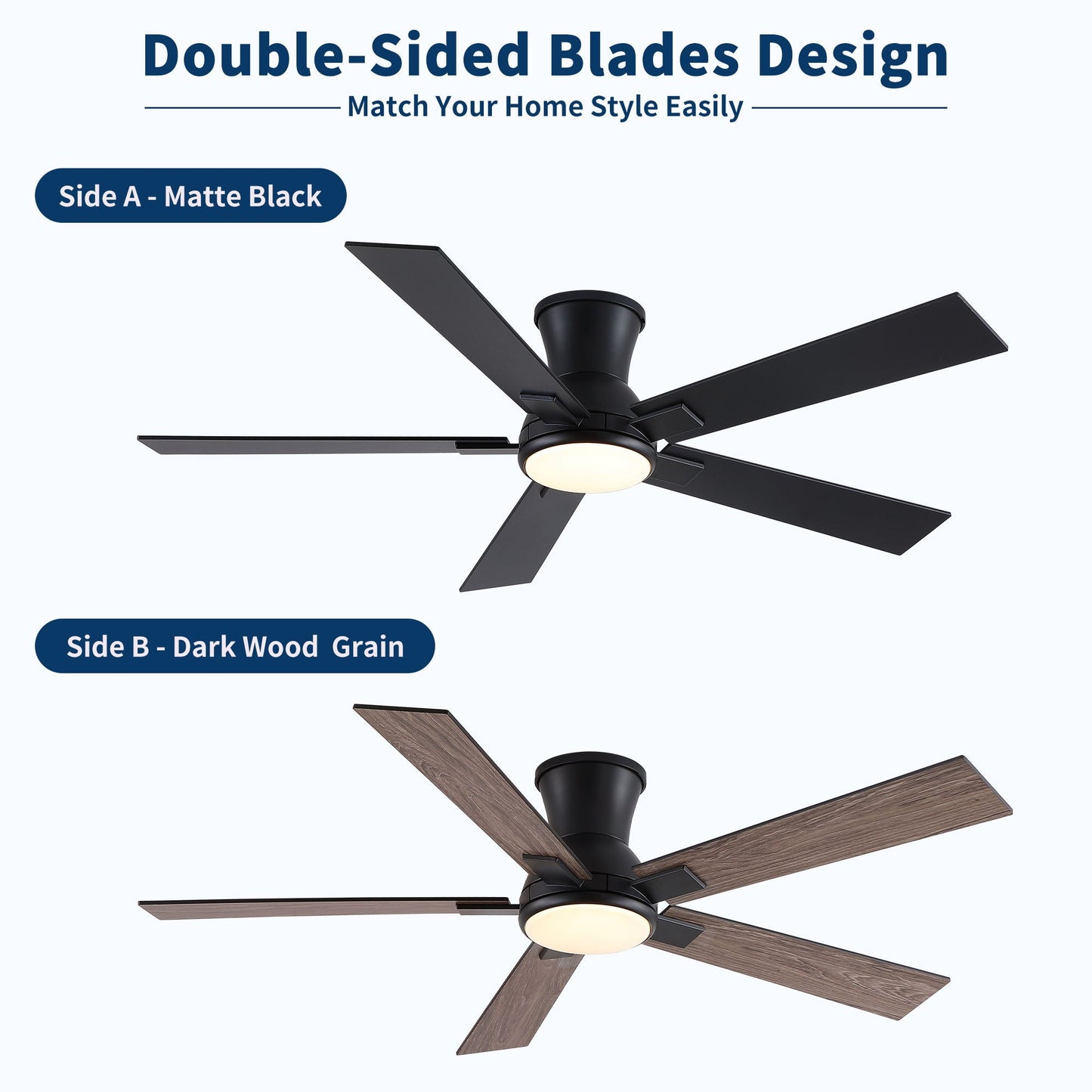 Ceiling fan with flush mount, integrated LED light, reversible motor, Side A matte black blades on Tampa Home & Garden Store