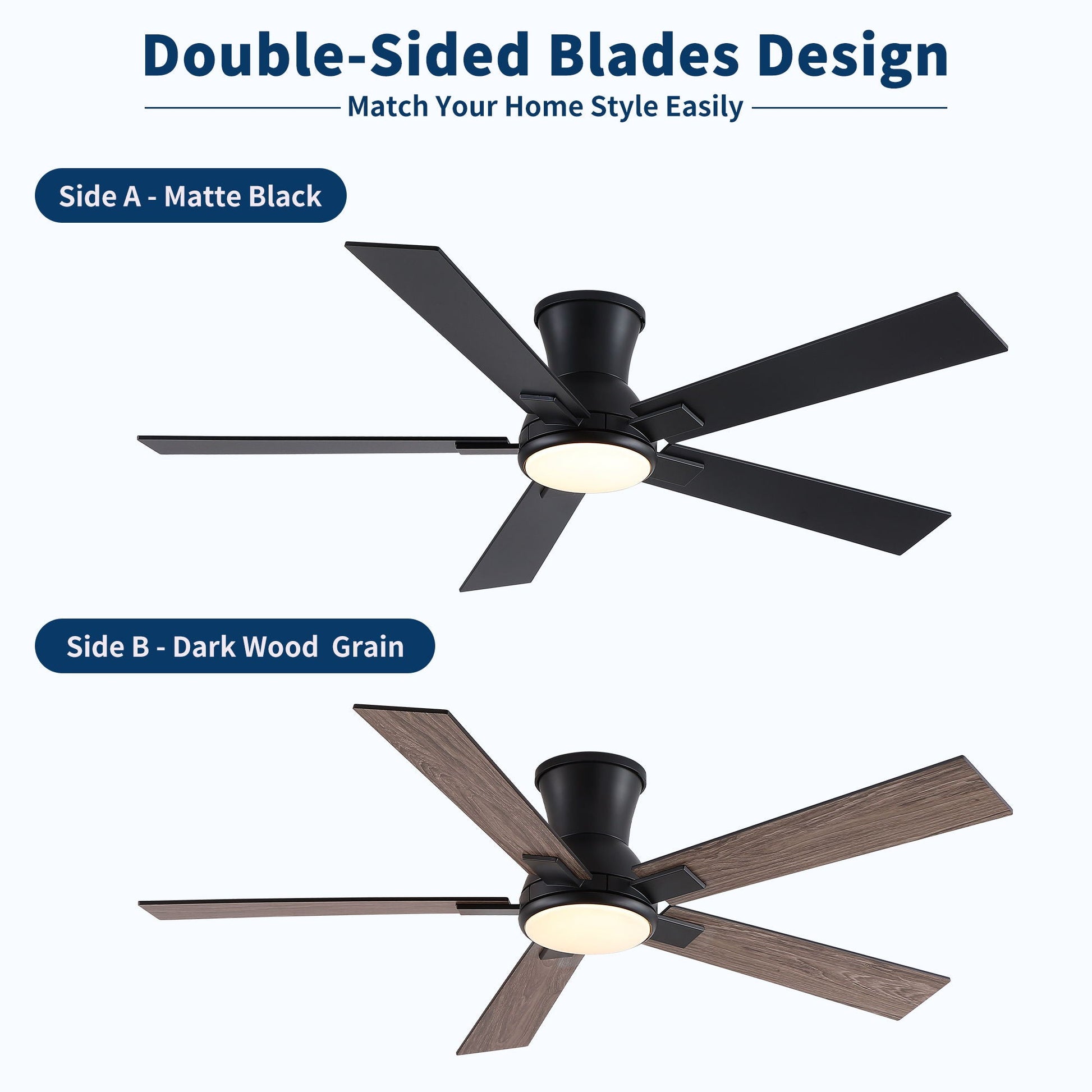 Ceiling fan with flush mount, integrated LED light, reversible motor, Side A matte black blades on Tampa Home & Garden Store