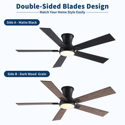Ceiling fan with flush mount, integrated LED light, reversible motor, Side A matte black blades on Tampa Home & Garden Store