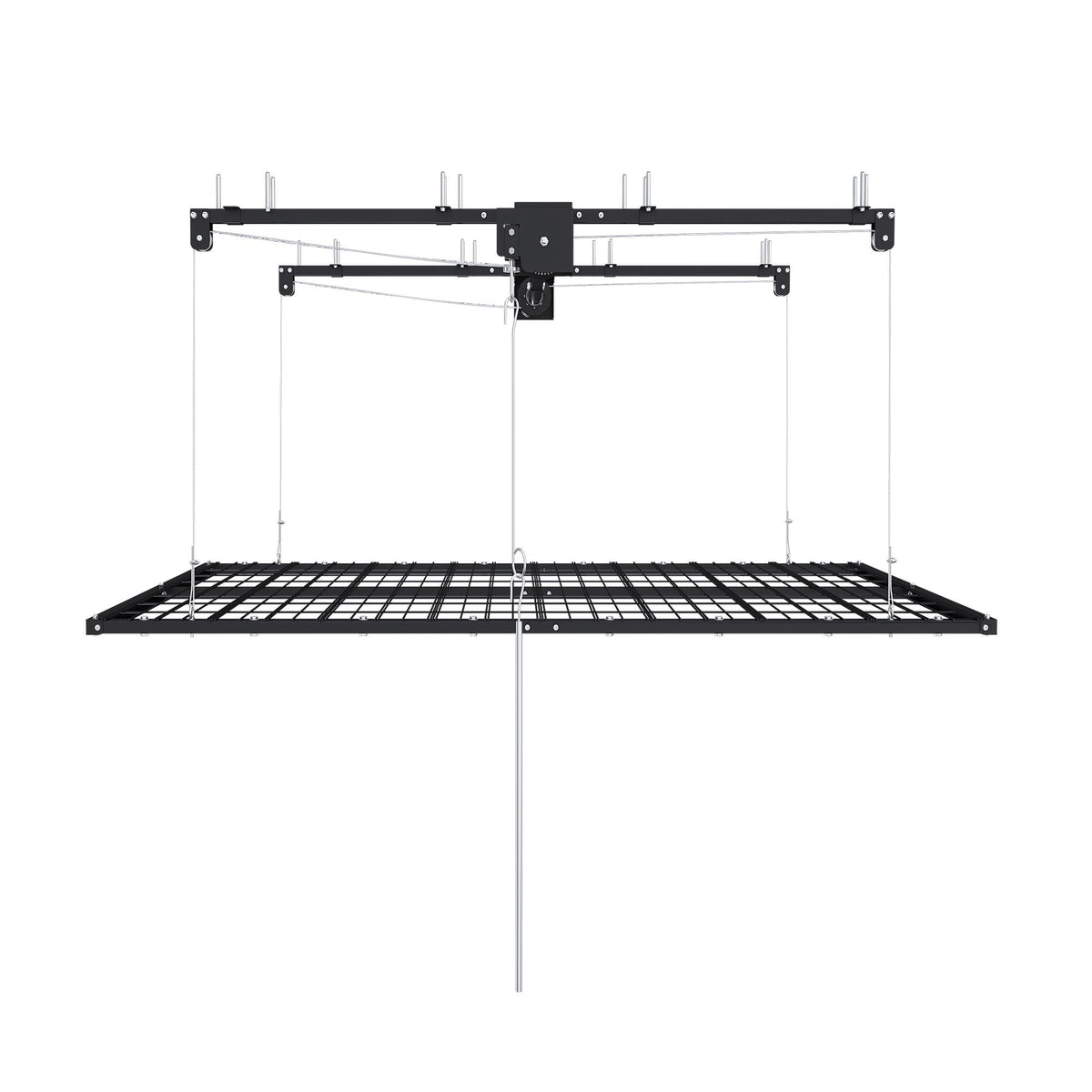 Overhead garage storage rack with crank system in black metal, grid shelf design on Tampa Home & Garden Store