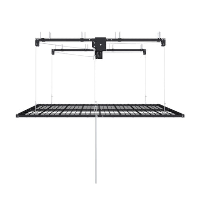 Overhead garage storage rack with crank system in black metal, grid shelf design on Tampa Home & Garden Store