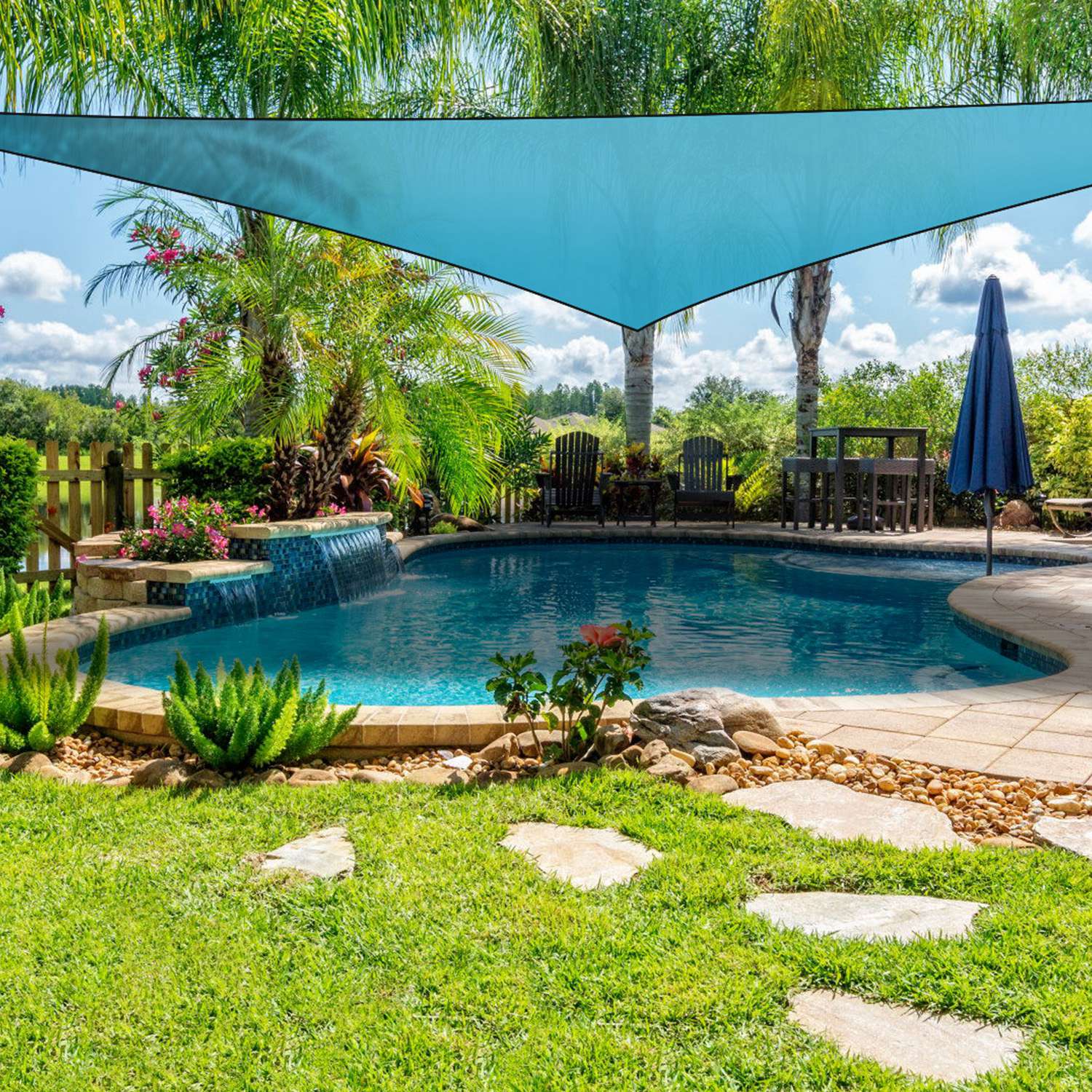 GemGear blue triangle shade sail canopy over poolside patio on Tampa Home & Garden Store