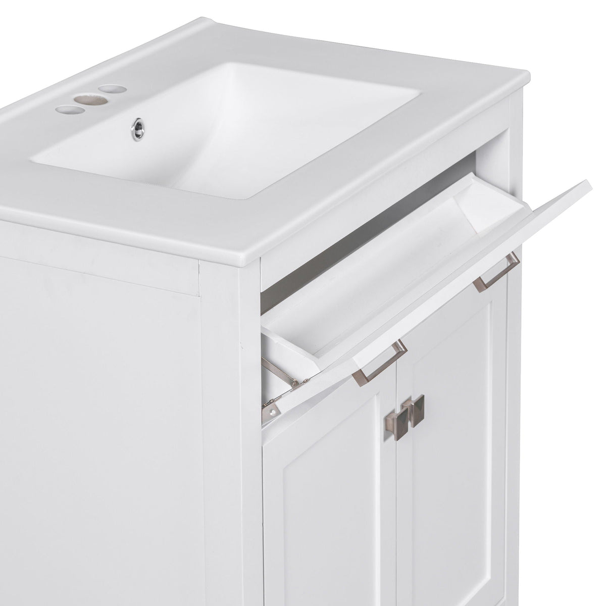 Bathroom vanity with ceramic sink, white finish and soft-close doors, metal handles on Tampa Home & Garden Store