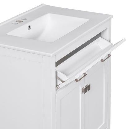 Bathroom vanity with ceramic sink, white finish and soft-close doors, metal handles on Tampa Home & Garden Store