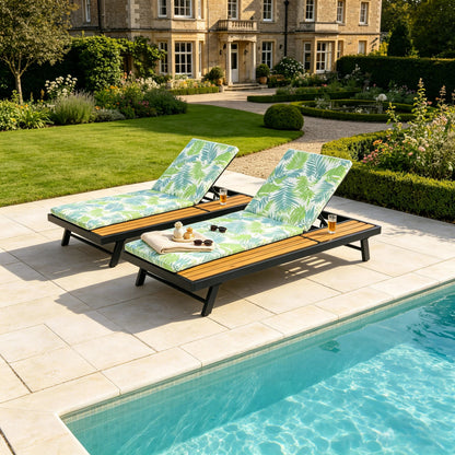 Black Iron and Teak Outdoor Chaise Lounge Set