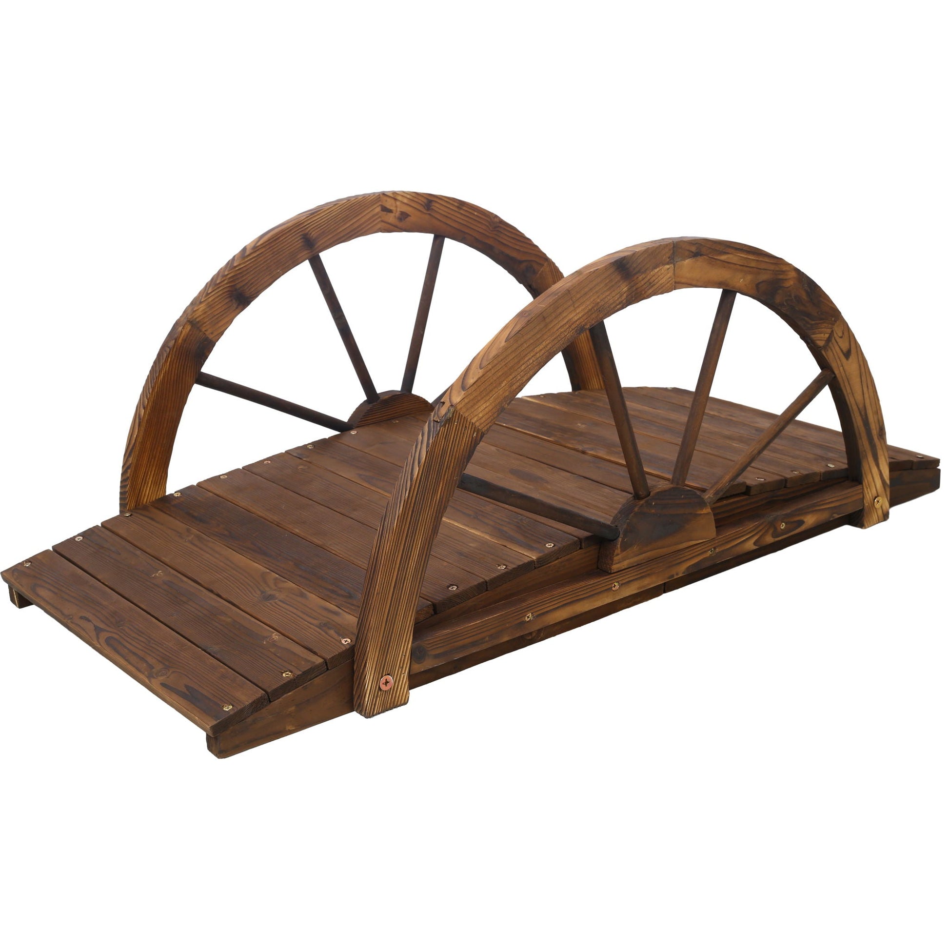 Wooden garden bridge arc footbridge with brown half-wheel railings on Tampa Home & Garden Store