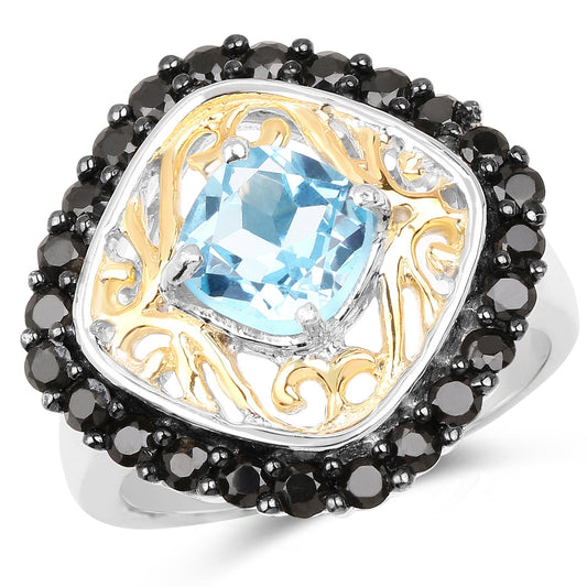 Two Tone Plated 2.85 Carat Genuine Swiss Blue Topaz and Black Spinel .925 Sterling Silver Ring - Tampa Home & Garden Store