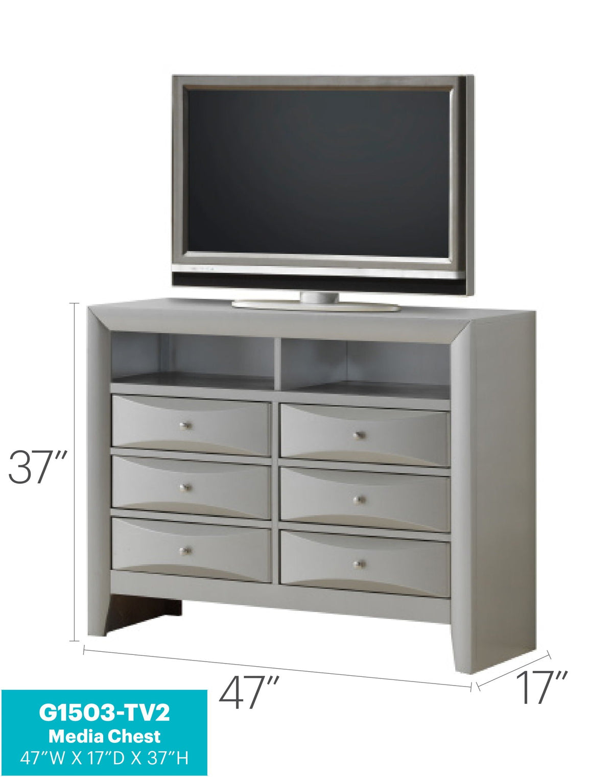 Media Chest G1503-TV2 by HouseOfZazla with modern beveled drawer fronts; gray finish, 8 drawers on Tampa Home & Garden Store