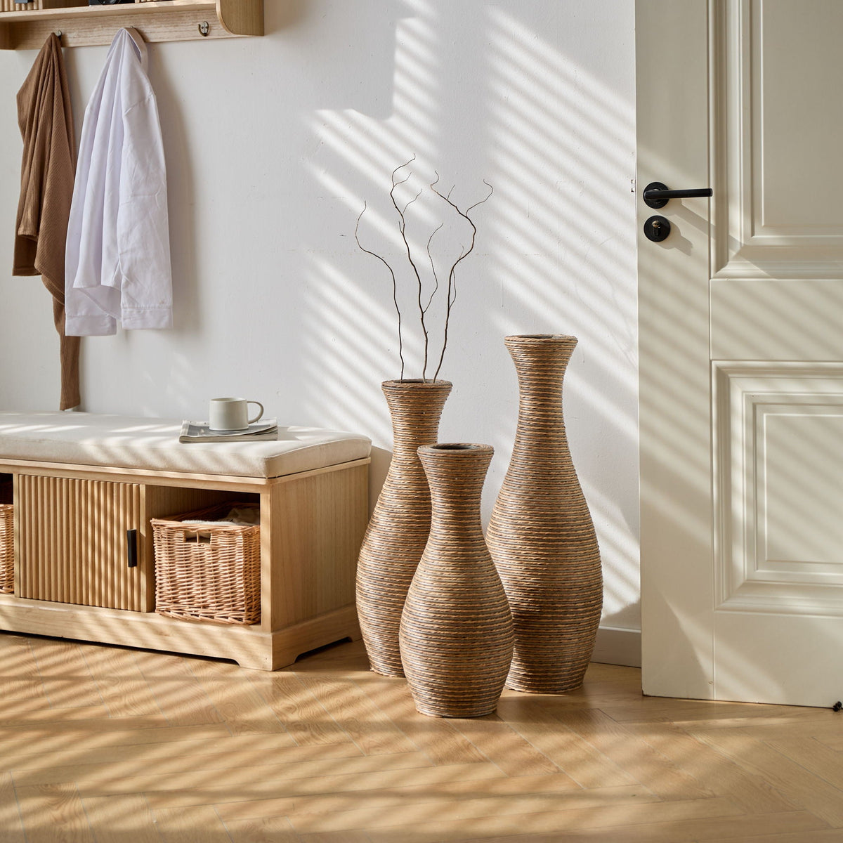 3-piece beige artificial rattan floor vase set for interior decor on Tampa Home & Garden Store