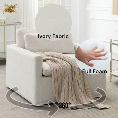 Naveen swivel chair with 1 toss pillow in ivory fabric by Unique Piece Furniture in lit room on Tampa Home & Garden Store